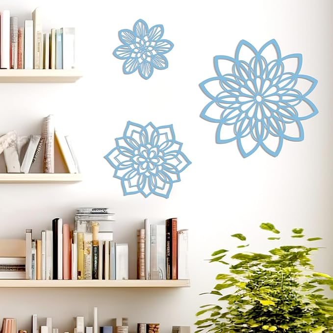 Zzbakress 3 Pieces Metal Flowers Wall Decor, Black Wall Decors Metal, Flower Art Wall Decor Farmhouse Wall Decorations Multiple Flowers Hanging Decor for Bathroom Living Room Home Kitchen Garden Office (Blue Elegant)