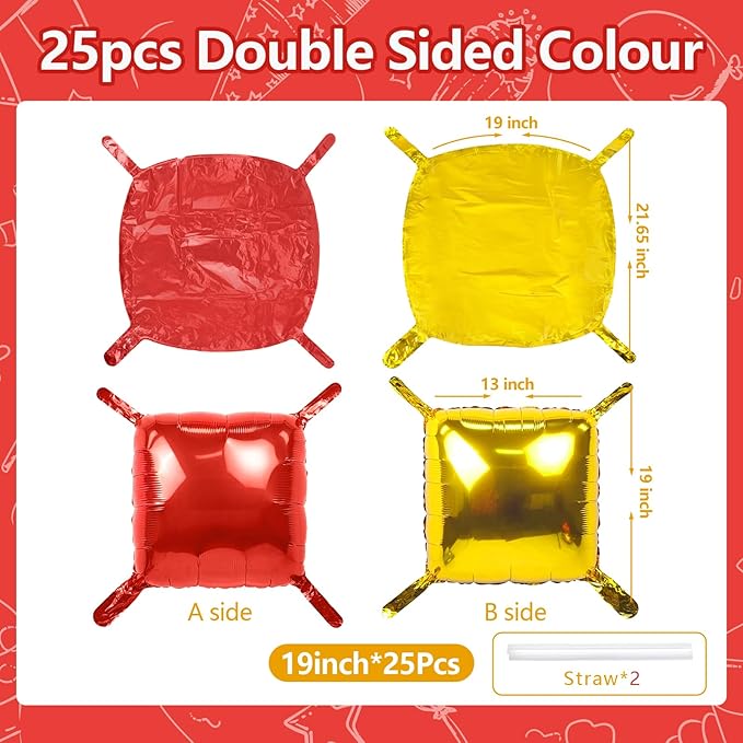 NISOCY 25PCS Christmas Balloons Red Gold Square Foil Balloons Wall Backdrop Metallic Double Sided Red Gold Balloons Tunnel Arch Kit for Valentine's Day Wedding Birthday Engagement Party Decorations