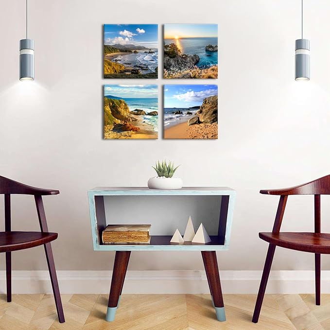 Beach Scene Canvas Wall Art Oregon Coast Landscape Pictures for Living Room Ocean Sunrise Wall Decor Nautical Seascape Paintings Framed Artworks Family Bathroom Bedroom Home Decorations 16x16” 4 Pcs