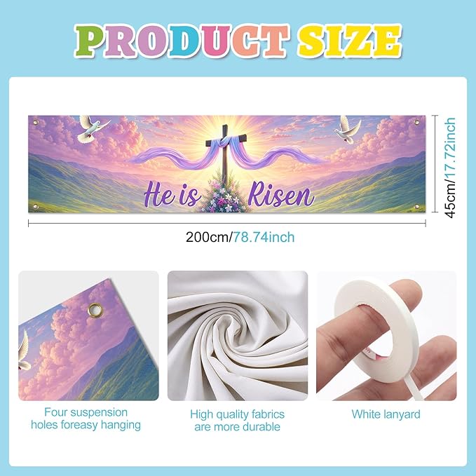 Easter Resurrection Banner He Is Risen Christian Spring Decor 78 x 17 Inch Religious Easter Banner for Church Yard Fence Door Wall Indoor Outdoor Faith Celebration Display