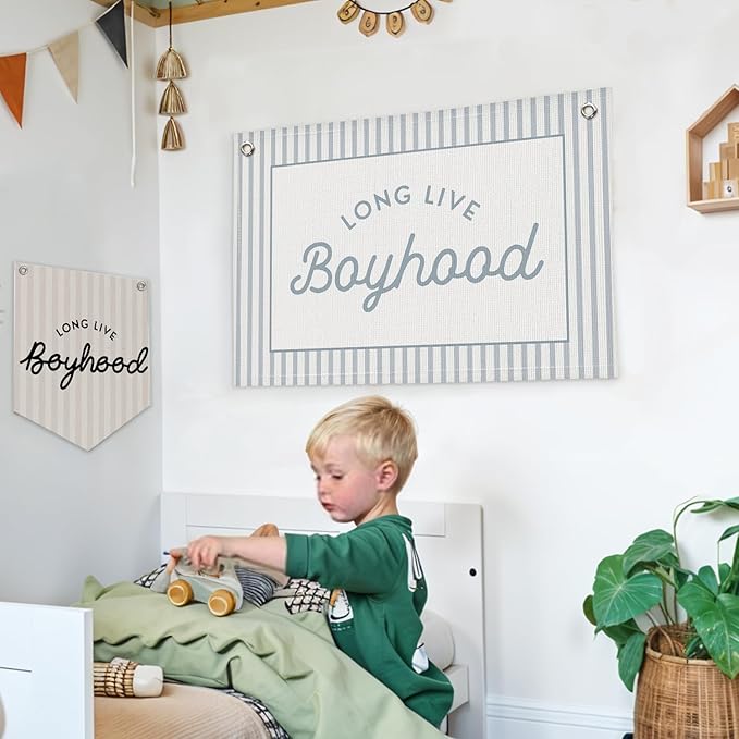Lacama Long Live Boyhood Boys Room Decor, Boy Nursery Decor, Linen Banner Wall Hanging Canvas Banner Flag Decor for Toddler Boy Room Nursery 30x20 Inch