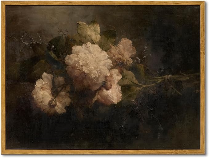 KBKBART Vintage Framed Canvas Wall Art , Dark Vintage Still Life Flower Canvas Oil Painting, Classical Moody Peony Bouquet Prints for Wall Decor, Antique Floral Art Painting Victorian Decor Artwork for Bedroom Living Room Bathroom Gallery(16"x24")