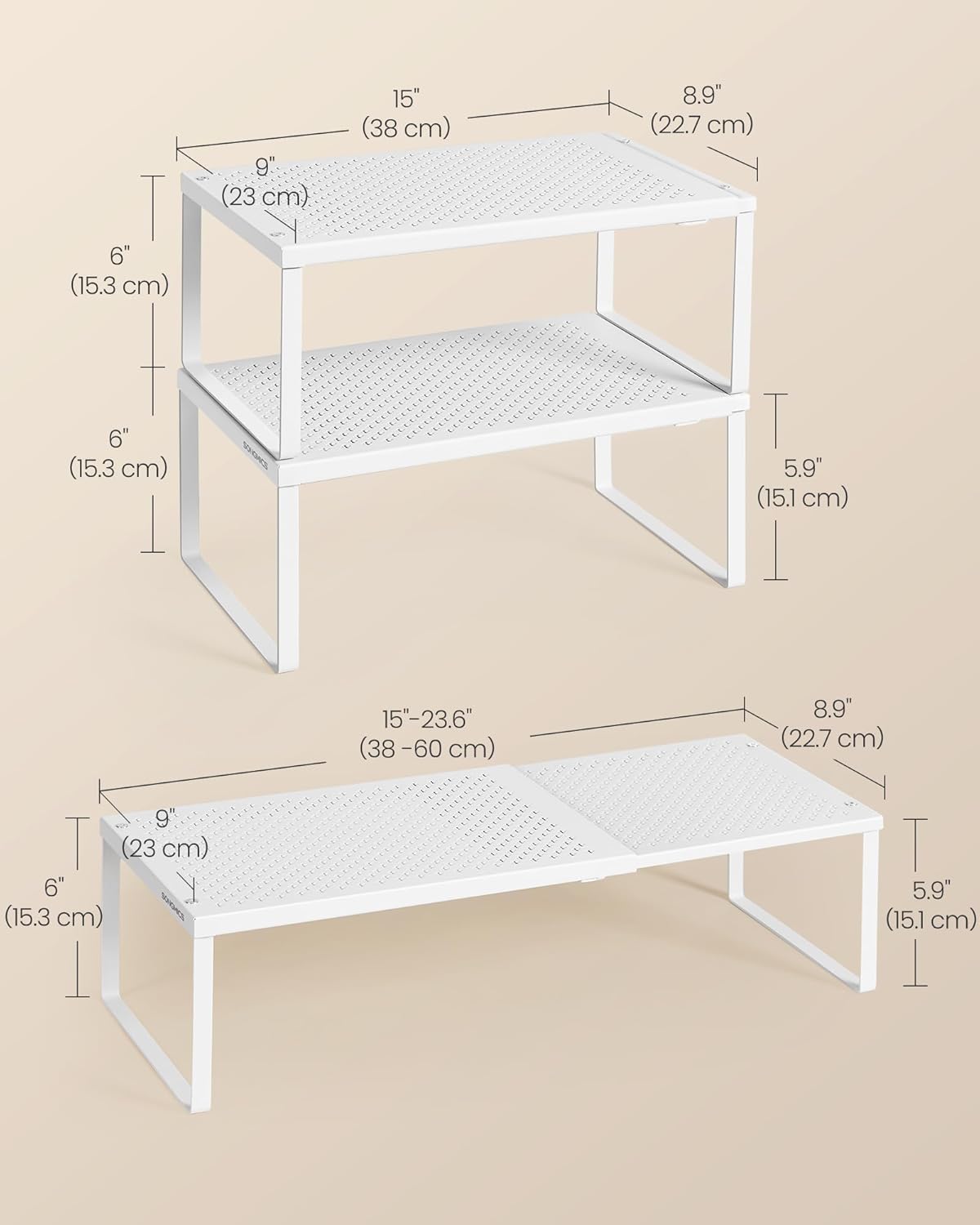 SONGMICS Spice Racks, Set of 2 Expandable Kitchen Countertop Shelves, Small Cupboard Organizers, Metal, Space-Saving Tabletop Shelves, Matte White UKCS402W01