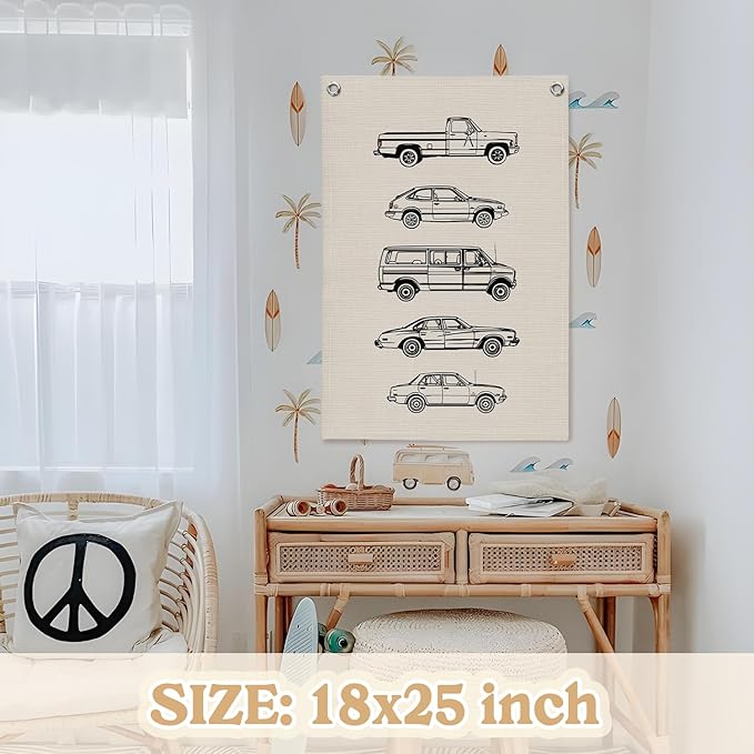 Toddler Boy Room Decor, Vintage Car Wall Decor Canvas Banner,Car Playroom Decor Wall Hanging Flag Banner for Little Boy Bedroom,Playroom Nursery 18x25 Inch