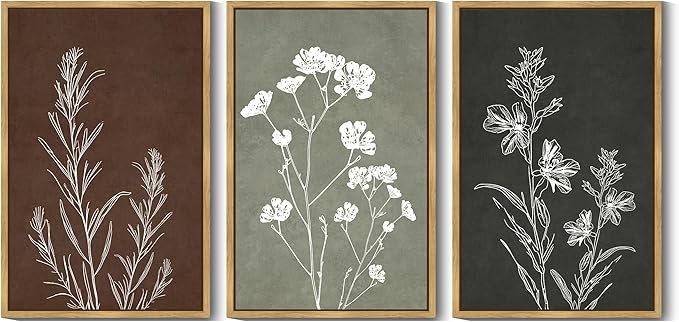 Drsoum Vintage Boho Flower Wall Art Framed Retro Botanical Floral Wall Prints Wildflower Neutral Rustic Bohemain Artwork Kitchen Bedroom Ready to Hang 24x36in Natural Framed
