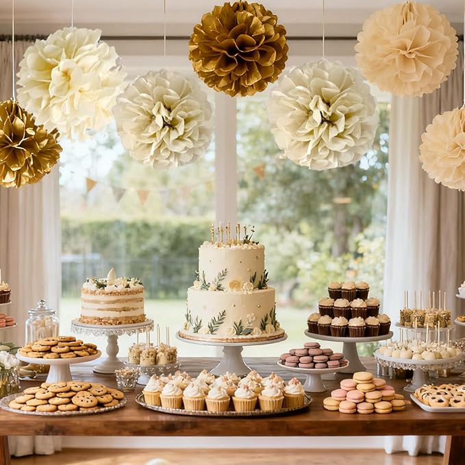 Gold Champagne Gold and Ivory Paper Pom Poms for Wedding Birthday Gold Party Decoration - Ceiling Wall Hanging Tissue Flowers - 12pcs 3 Colors of 12 Inch 10 Inch 8 Inch