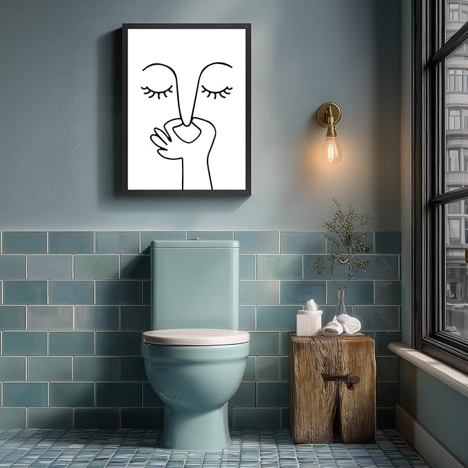 IAFWZX Wood Framed Funny Bathroom Wall Art, Abstract Humor Toilet Wall Decor, Minimalist Face Line Canvas Painting, Modern Black and White Bathroom Poster Print for Restroom Guest Bedroom 16"x24"