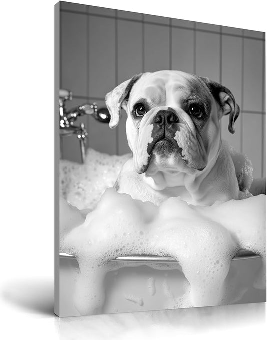 KensTro Funny Bathroom Wall Art Decor,12" x 16" Framed Canvas Bathroom Wall Art Picture,Black and White French Bulldog Dog Bathing Wall Art Animal Abstract Prints,Wall Decor for Kid's Room,1Pack Gift