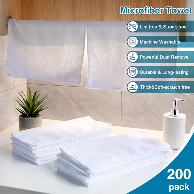 Macarrie 200 Pieces Microfiber Cleaning Cloths Bulk Absorbent Microfiber Towels Reusable Lint-Free Streak Free Wash Rags for House Kitchen Office Restaurants Bar Shop Car, 12 x 12 Inches (White)