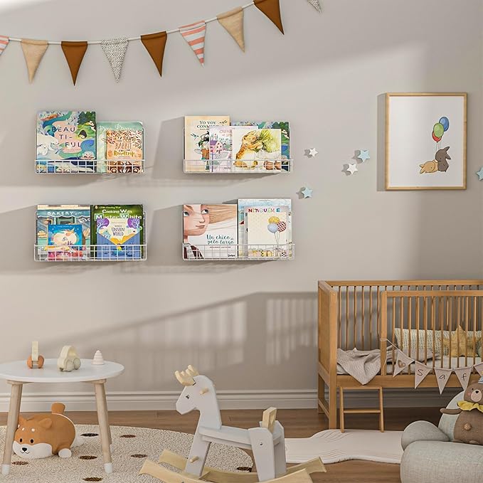 6-Pack White Floating Nursery Book Shelves , Metal Wall Mounted Storage book Shelves for Kids Bedroom, Toddler Room, Baby Nursery Decor, Space-Saving Display Shelves for Books & Toys - 2 Sizes