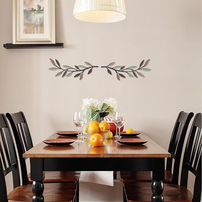 Metal Tree Leaf Wall Decor 2 PCS Rustic Vine Branch Leaf Wall Art for Living Room Bedroom Bathroom Decorations - Vintage Brown