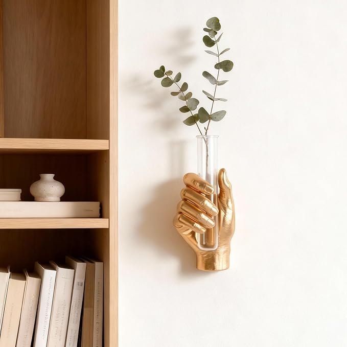 Gold Wall Hand Vase,Vintage Art Decor,Life-Size Hand Sculpture with Glass Test Tube Vase,Unique Wall Art Statue for Indoor or Outdoor,Maximalist Boho Whimsical Decor, for Women