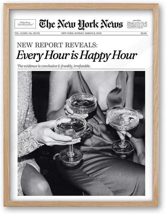iHery Every Hour is Happy Hour Small Framed Trendy NewsPaper Wall Art, Natural OAK Wood 8x10in Canvas Wall Decor For Bedroom, Retro News Prints Posters for Girl Dorm Living Room Home 1Pack