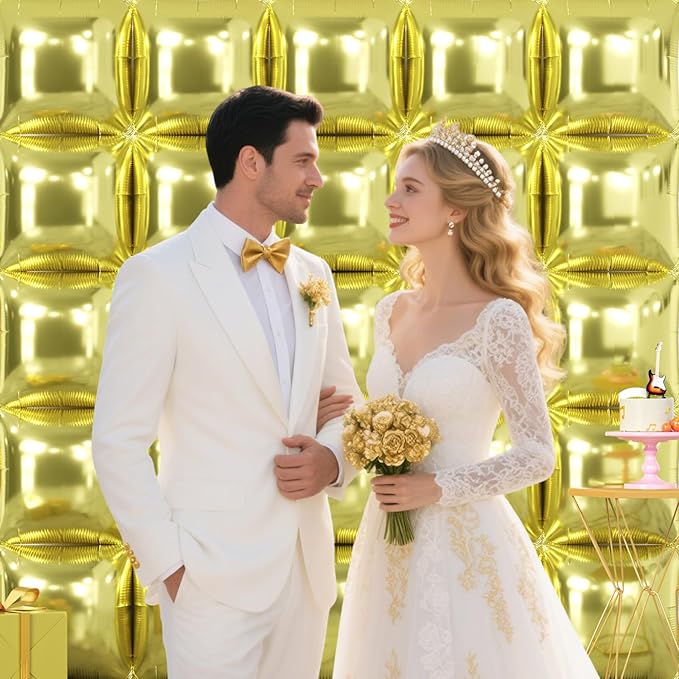 NISOCY 25PCS Light Gold Square Foil Balloons Wall Backdrop Metallic Double Sided Light Gold Christmas Balloons Tunnel Arch Kit for New Year Birthday Anniversary Wedding Graduation Party Decorations