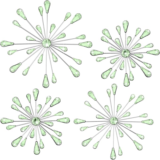 Hicarer 4 Pcs Starburst Wall Decor Bling Wall Art Crystal Teardrop 3D Hanging Rhinestone Radial Metal Artwork Modern Accent Sculptures Decorations for Living Room Home Office Bedroom(Green)