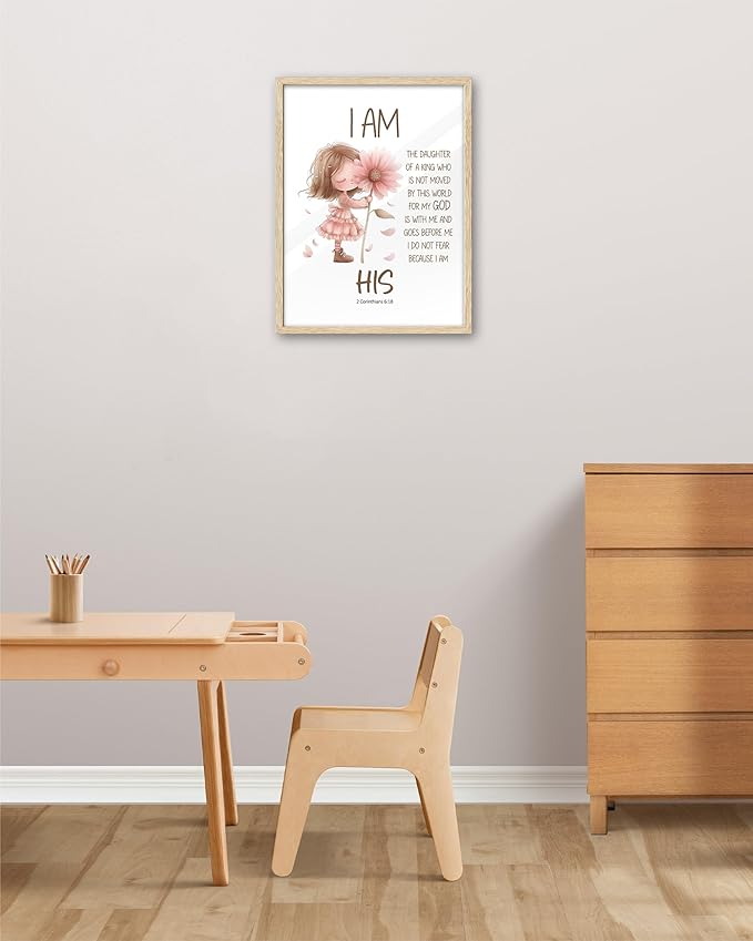 KensTro Natural OAK Wood Nursery Decor Framed Wall Art, 12x16 in Inspirational Christian Bible Verse Wall Art,I Am a Daughter of The King Scripture Pink Print for Girls Playroom Bedroom Decor Set of 1