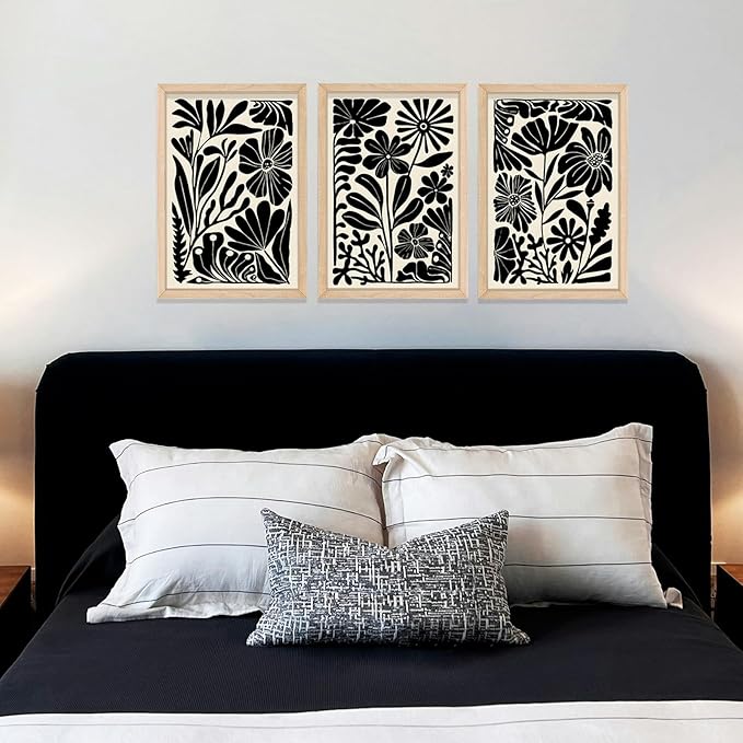 YWJKWLGS Black and White Abstract Floral Botanical Wall Art, 3 piece, 16x24 Inch, Vintage Boho Plant Flower Minimalist, Mid Century Print sign Frame for Bedroom Living Room Office (Wood)