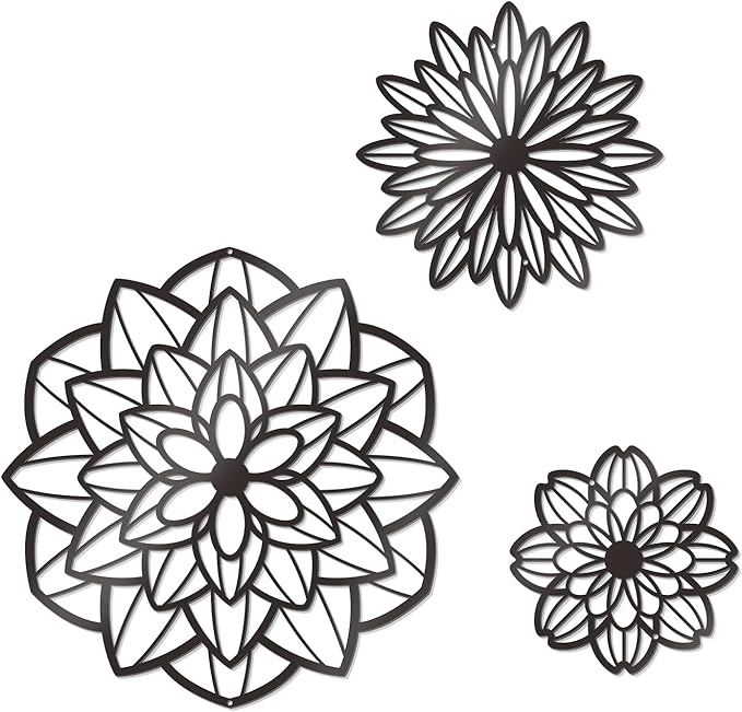 Zzbakress 3 Pcs Metal Flowers Wall Decor Black Wall Decor Metal Flower Art Farmhouse Wall Art Multiple Flowers Hanging Decor for Bathroom Living Room Kitchen Garden Office (Black Modern)