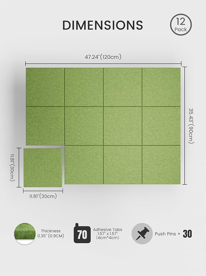 Bumusty Large Cork Board 48" x 36" Alternative - 12 Pack Felt Wall Tiles with 70 Safe Removable Adhesive Tabs, 30 Pushpins, Cork Boards for Walls Pin Board Bulletin Board Office Decor (Kelly Green)