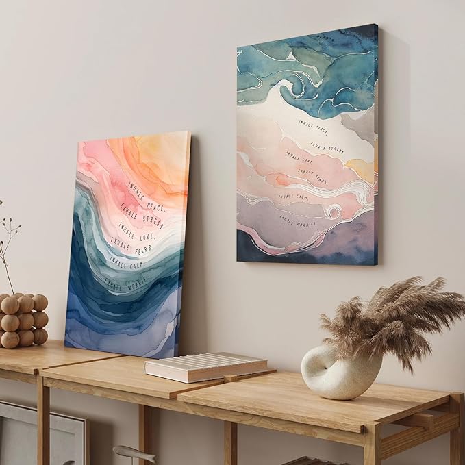 2Pcs framed Mental Health Poster Inhale Exhale Meditation Vintage Abstract Watercolor Canvas Prints Wall Art for Therapy Office Calming Corner Wall Decor 16x24 in