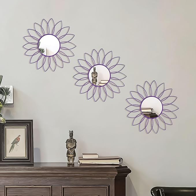 3 Pack Metal Mirrors for Wall Sunburst Wall Mirrors Home Décor Decorative Hanging Wall Art for Living Room Bedroom Entryway (Purple, Flowers)