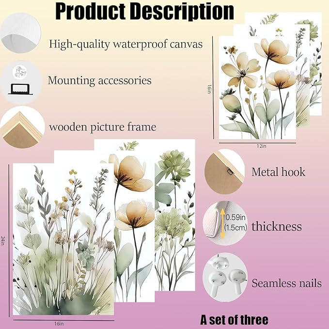 Sage Green Botanical Wall Art Set of 3 Boho Floral Art Wall Decor Minimalist Flower Posters Prints Pictures for Living Room Bedroom Bathroom or Entryway Decoration16x24 Inch Framed
