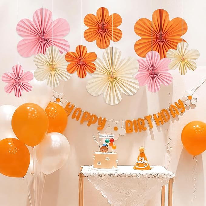 Paper Flowers Decorations for Wall Pink and Orange Paper Fans Classroom Decoration Paper Floral Backdrop Decor Paper Fans Decoration Hanging Paper Fans Pink Flower Wall Decor, Set of 9