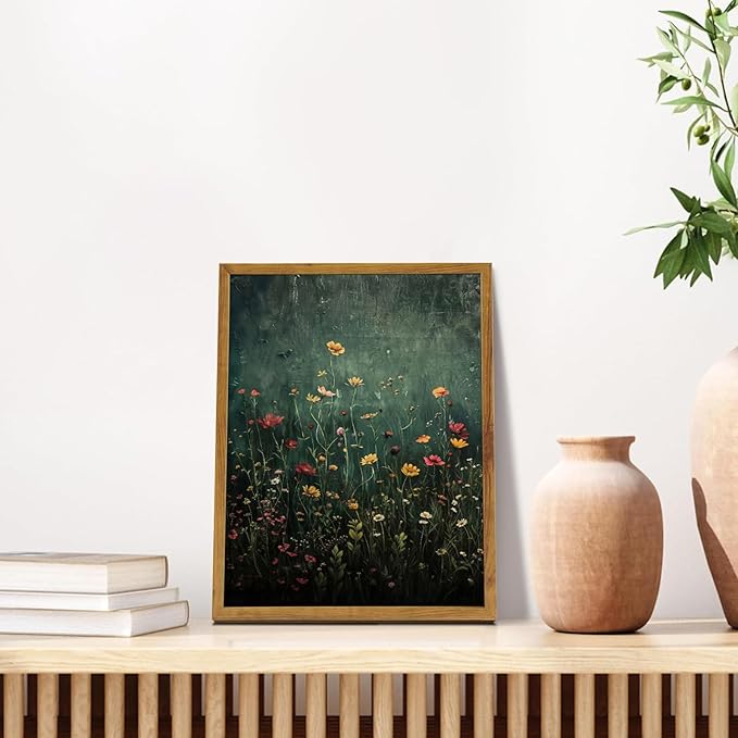 KBKBART Framed Canvas Wall Art Vintage Wildflower, Green Flower Wall Decor, Nature Landscape Flower Wildflower Oil Painting Prints Pictures Artwork for Living Room Bedroom 8x10 inch