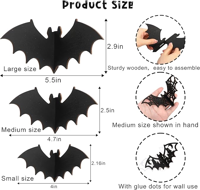 Agkvw Wooden Mini 3D Bats Table or Wall Decor – Set of 6 Halloween Bats Decor,Spooky Home Decor for Shelf or Mantle Sitter, 3D Wood Bats Set