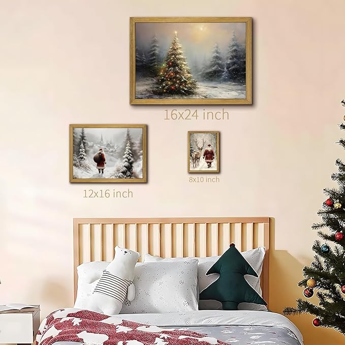 Vintage Christmas Wall Art, Vintage Pine Tree Canvas Wall Decor Painting, Rustic Winter Tree Print, Botanical Winter Art, for Table Farmhouse Mantel Home Office 12x16 Inch Wood Framed