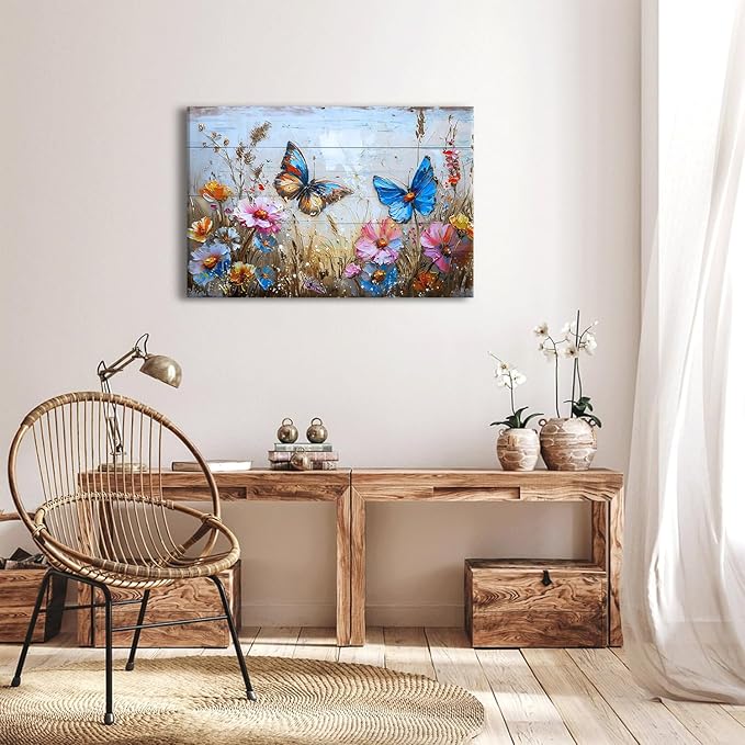 Wildflower Canvas Wall Art Butterfly Picture Wall Decor Rustic Floral Prints Poster Colorful Flowers Painting Abstract Nature Floral Landscape Artwork for Kitchen Living Room Home Decoration 24x36"