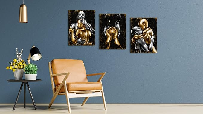 Visual Art Decor Black and Gold Love Decor Grey & Gold Hugging Couple Bedroom Wall Decor Picture Art Prints Framed Canvas Print (Black, 12x16inchx3 Pieces)
