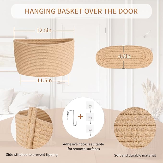 Goodpick 3-Tier Hanging Basket Over the Door, Cotton Rope Wall basket, Hanging Nursery Decor for Organizing, Jute