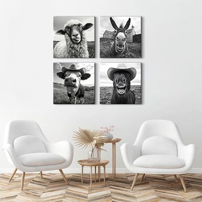 Farmhouse Cow Canvas Wall Art Humor Animals Pictures Sheep Donkey Horse Wall Decor Black and White Prints Artwork 20x20”, Nature Farm Animal with Cowboy Hat Posters Paintings Cabin Home Decorations