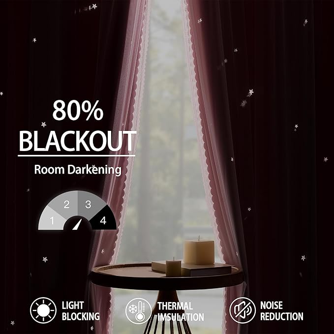 XiDi Light Pink Blackout Curtains for Girls Bedroom 90 Inches Long 2 Panels, Thermal Insulated Room Darkening Drapes for Nursery Living Room Grommet Top Noise Reducing Hollow Star Curtains W34 x L90
