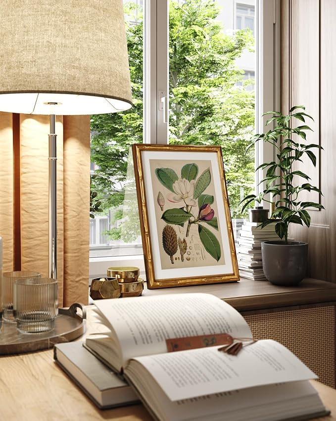 InSimSea Gold Bamboo Framed Canvas Wall Art, Retro Nature Magnolia Botanical Paintings, Antique Vintage Picture Frame with Mat, Victorian Home Wall Decor for Living Room Kitchen Dining, 11x14inch