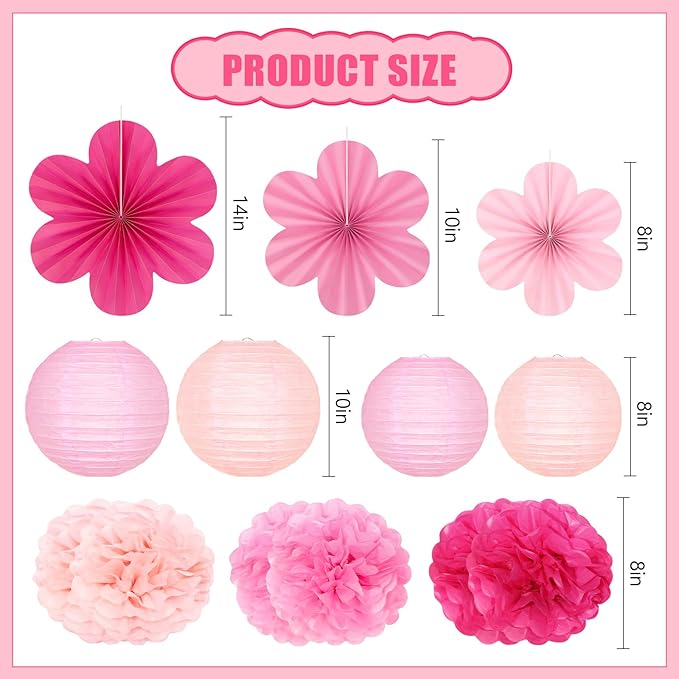 19 Pcs Pink Party Decorations, Light-Hot Pink Hanging Paper Lanterns, Paper Flowers Fans, Tissue Pom Poms, Floral Backdrop Wall Decor for Birthday Baby Showers Bridal Wedding Valentines Classroom