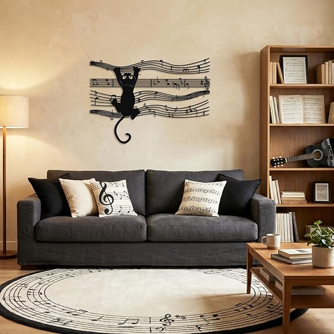 Otoolling Cat Playing Music Wall Decor Metal Black Cat Wall Art Hanging Signs Home Decor for Living Room Bedroom Bathroom Office Cats Lover Gifts (Cartoon,10.04 x 13.78 in)