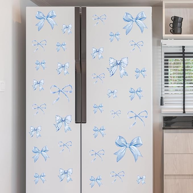 Whaline 12 Sheets Trendy Blue Bow Wall Stickers Watercolor Light Blue Bow Wall Decals Room Mural Stickers for Kids Bedroom Coquette Birthday Party Valentine's Day Home Nursery Decor, 7.9 x 11.8 Inch