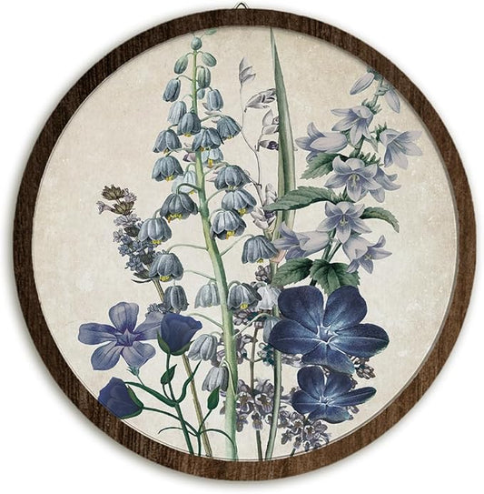 BIWSHA Vintage Blue Floral French Country Wall Art Decor, Antique Wildflower Flower Botanical Round Wooden Wall Hanging Decor for Home Bedroom Living Room Bathroom Office, 10 Inch Diameter