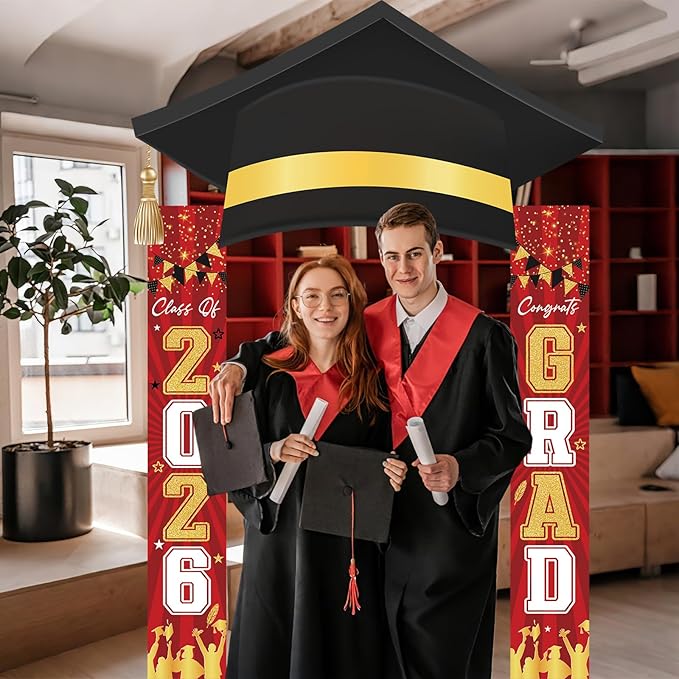 3Pcs Graduation Cap Door Banner 2026 Graduation Door Decoration Class of 2026 Porch Sign Congrat Grad Hanging Banner Decor Grad Party Indoor Outdoor Wall Decor Photo Prop Supplies Red Black