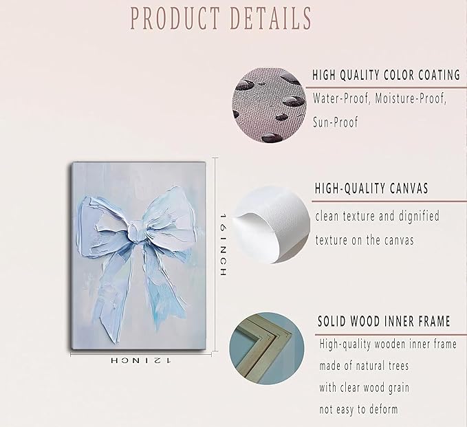 3Pcs Trendy Blue Bow Canvas Wall Art Vintage Cute Preppy Watercolor Bow Painting Pictures Wall Decor Posters Prints Girly Aesthetic for College Apartment Bedroom Decoration