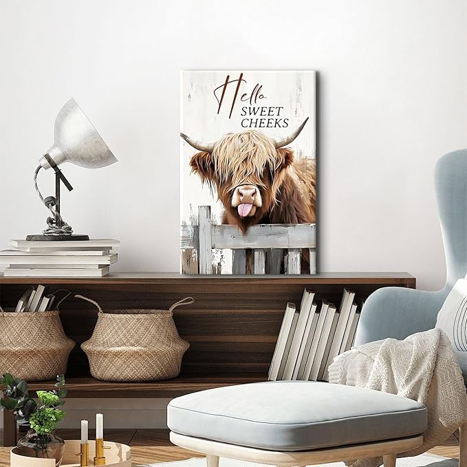 Highland Cow Canvas Wall Art Hello Sweet Cheeks Bathroom Decor Funny Cute Cow Picture Prints Poster Farmhouse Longhorn Wall Decor Rustic Wild Animals Paintings Country Home Decorations 16x24"