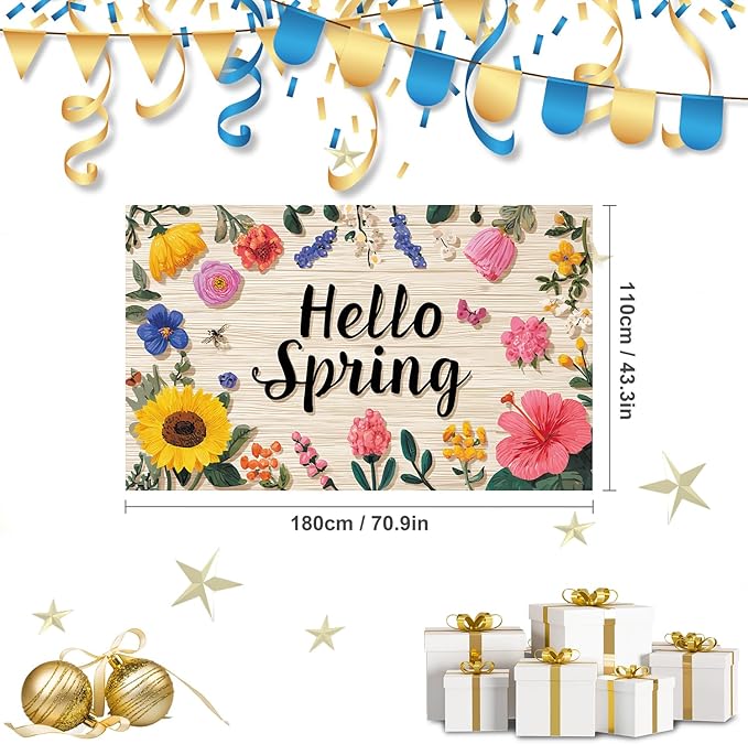 Hello Spring Backdrop 71''x 43'' Hello Spring Banner Flower Butterfly Backdrop Decorations for Photography Background Photo Prop Booth Party Decor