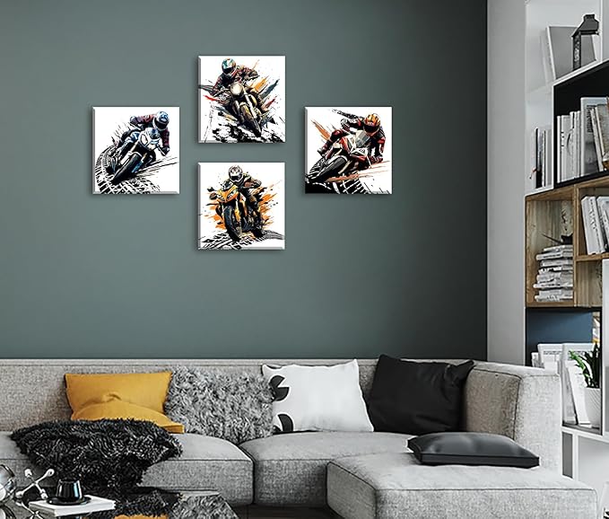 Motorcycle Wall Art Boys Room Decor Graffiti Motocross Posters Motorcycle Canvas Prints Pictures for Mens Cave Dirt Bike Lovers Bedroom Game Room Decoration Framed and Ready to Hang 12"×12" × 4 Pcs