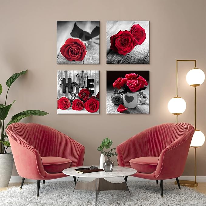 Red Rose Wall Art Red and Black Wall Decor for Living Room Master Bedroom Rustic Farmhouse Flowers Canvas Prints Floral Picture Love Themed Painting Modern Artwork Bathroom Home Decoration 24x24” 4Pcs