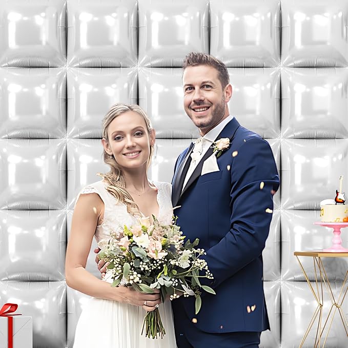 NISOCY 25PCS White Square Foil Balloons Wall Backdrop Double Sided White Balloons Tunnel Arch Kit for Birthday Wedding Baby Shower Party Decoration