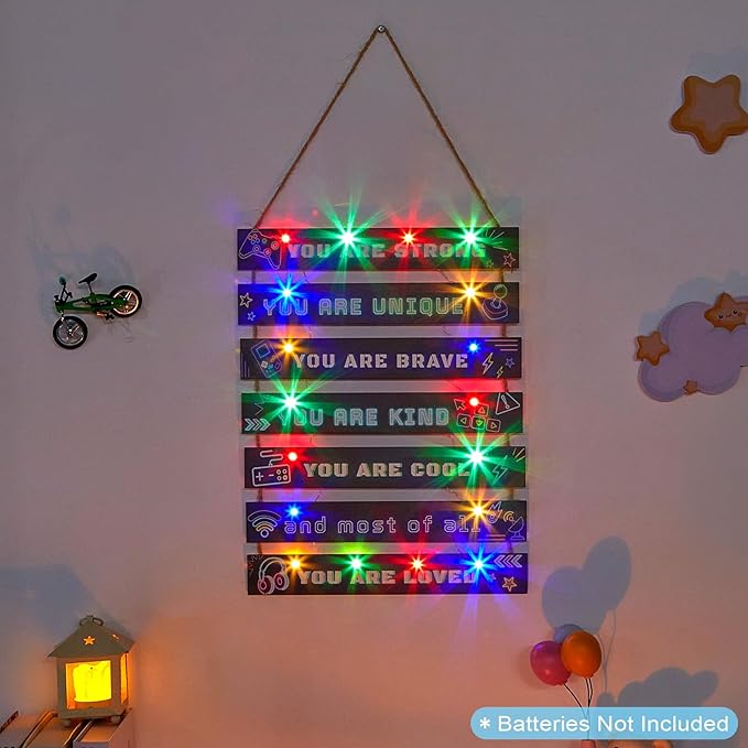 FIOBEE Girls Room Décor for Teen Girls Boys with LED Light Wall Decor for Bedroom Motivational Inspirational Wall Art Girl Room Decoration for Kids Studyroom, 8 Kinds of Lights, Black Green