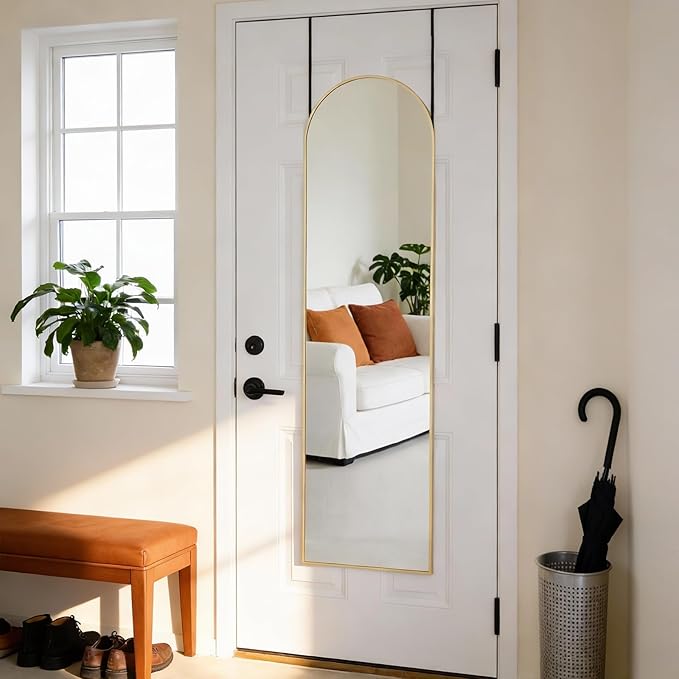 DUMOS Full Length Mirror 47x14 Inches - Arched Full Body Door Hanging Wall Mounted Aluminum Alloy Frame Mirror for Bedroom, Dressing Room, Entryway, Gold