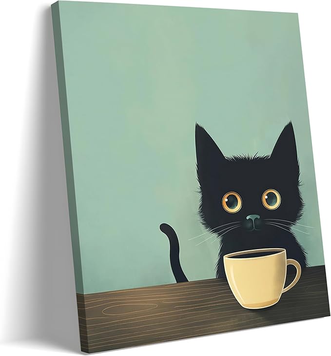Yaneiro Framed Fun Black Cat Wall Art Abstract Drinking Coffee Picture Cute Retro Black Cat Wall Decor Canvas Poster Print Suitable for Cafe Bar Living Room Restaurant Bedroom 16x24 Inch